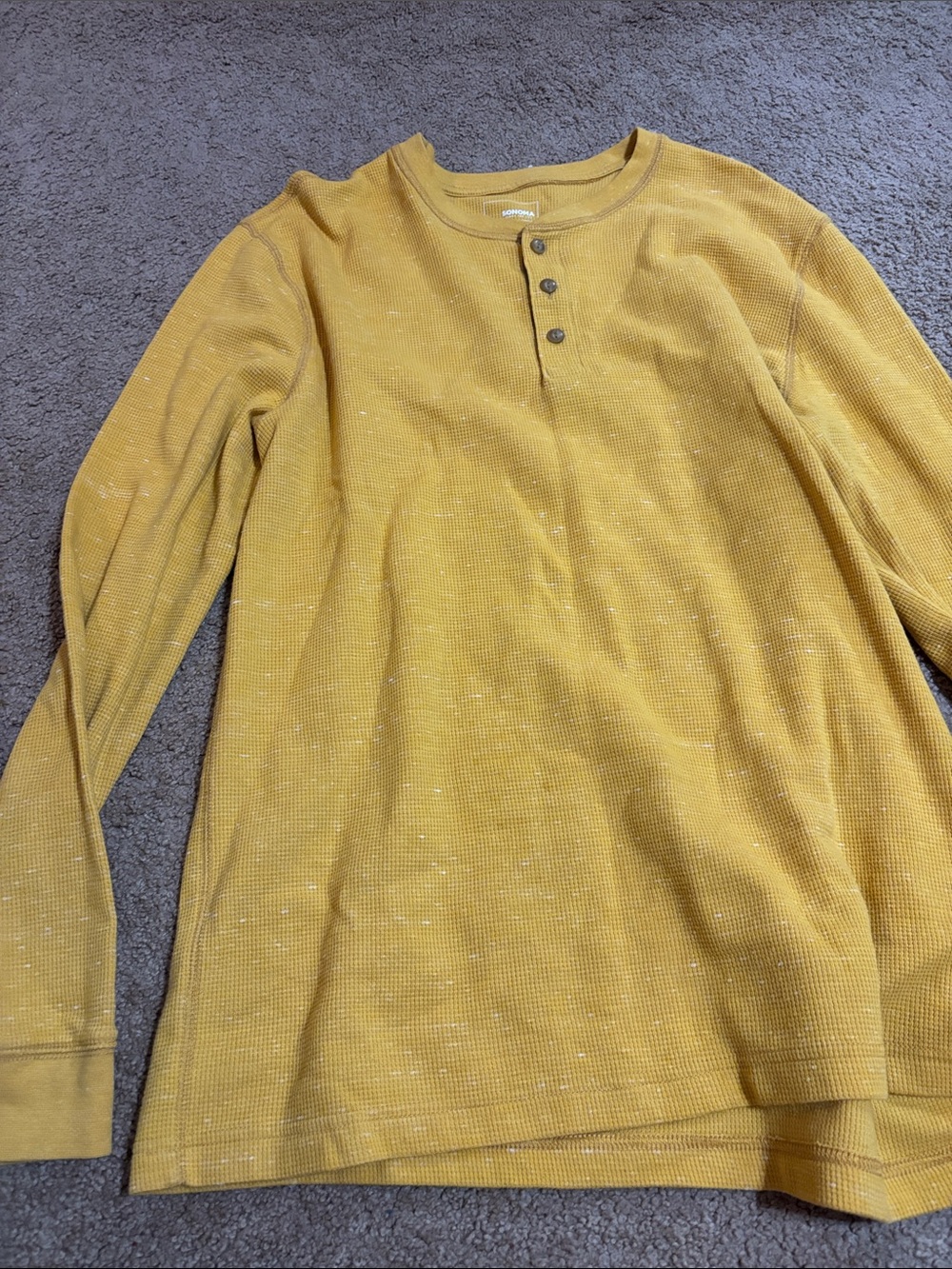 Waffle-Knit Henley Long Sleeve Top in Mustard